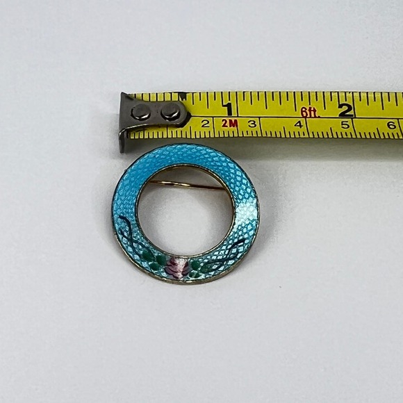 Vintage Guilloché Blue Pink‎ Rose Circle Pin Midcentury Grandma Love Gratitude - Picture 10 of 10